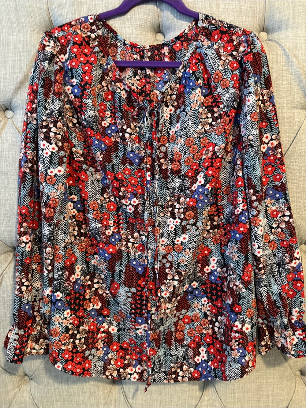 Printed Tie-Neck Floral Blouse in Red & Blue